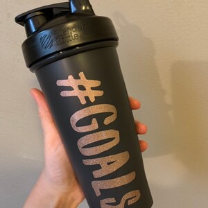 Black BlenderBottle with Rose Gold #GOALS decal applied