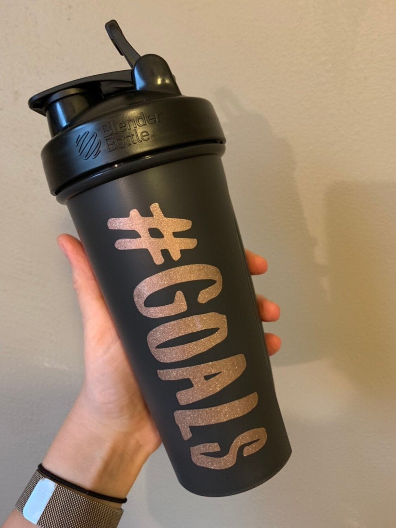 Black BlenderBottle with Rose Gold #GOALS decal applied
