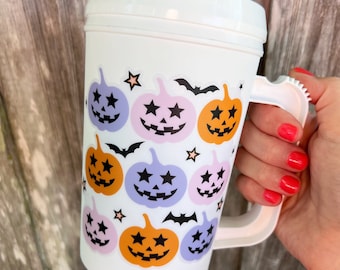 PASTEL PUMPKINS Mega Mug 22oz Retro- Thermos Mug - Flower Power Trucker Cup Halloween - Mama Cat Mom Dog Mom Mug 90s vibes