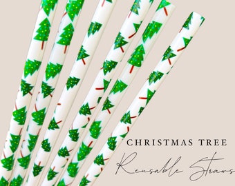 Christmas Tree Reusable Straws - 9.5 inches long - Cold Cup Straw- Christmas Straw Holidays Red White Candy Cane Stripe