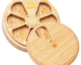 Porta-comprimidos ELEMENTBOX Premium em madeira, proteção contra luz e calor, dupla face, capacidade para 7 dias com 14 compartimentos, acabamento natural + fecho magnético em ouro 24K