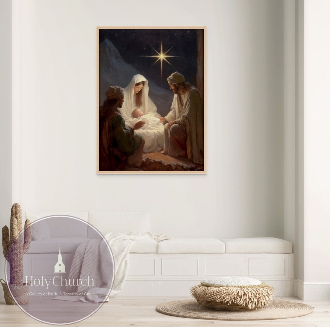 Nativity Holy Night Painting, Mary Joseph and Baby Jesus, Birth of