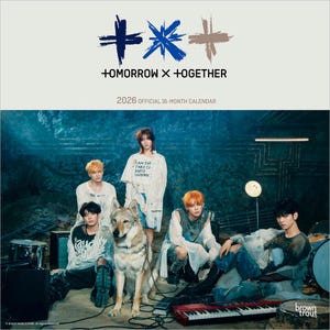 May include: A 2026 official 16-month calendar featuring the group +Tomorrow X +Together. The calendar has a white background with the group's logo and the text "2026 OFFICIAL 16-MONTH CALENDAR". The image on the calendar shows the group members with a wolf.