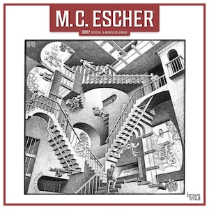 May include: A 2027 M.C. Escher 16-month calendar featuring a black and white lithograph print of Relativity. The artwork depicts a complex architectural structure with multiple staircases, arches, and figures navigating the impossible geometry.