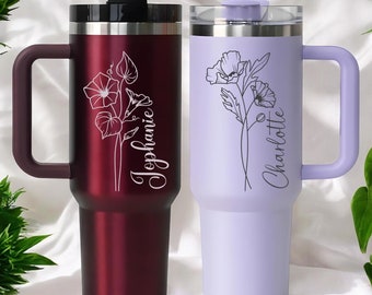 Personalized 40oz Tumbler with Handle and Straw, Custom Name Birth Flower Tumbler, Stainless Steel Tumbler, Birthday Gift, Mother's Day Gift