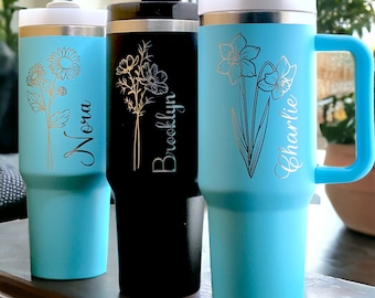 Personalized 40oz Birth Flower Tumbler, Custom Name Tumbler with Handle and Straw, Stainless Steel Tumbler, Mother's Day Gift, Birthday Gift