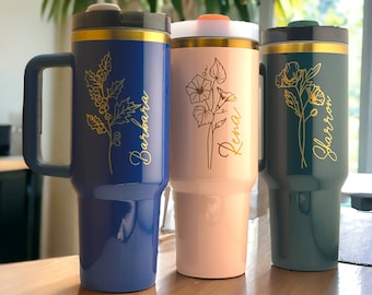 Personalized 40oz Tumbler with Handle and Straw, Custom Name Birth Flower Tumbler, Stainless Steel Tumbler, Birthday Gift, Mother's Day Gift