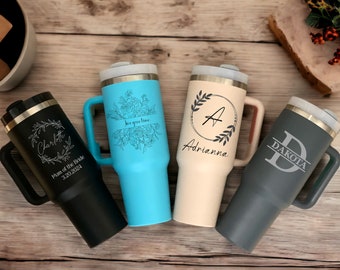 Personalized 40oz Tumbler with Handle and Straw, Laser Engraved Stainless Steel Cup, Custom Name, Logo, Birthday and Mother's Day Gift