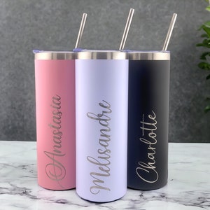 Personalized Name Tumbler, Custom 20oz Tumbler with Straw, Laser Engraved Stainless Steel Skinny Tumbler, Birthday Gifts, Mother's Day Gifts