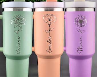 Personalized 40oz Tumbler with Handle and Straw, Custom Name Birth Month Flower Tumbler, Stainless Steel Tumbler, Travel Mug, Birthday Gift