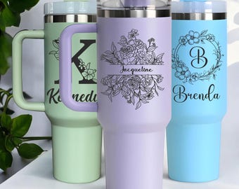 Personalized 40oz Tumbler with Handle and Straw, Laser Engraved Stainless Steel Tumbler, Custom Name, Logo, Birthday Gift, Christmas Gift
