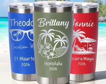 May include: Three stainless steel tumblers in blue, olive green, and red, each featuring a clear lid and laser-engraved white designs. The blue tumbler shows sunglasses and text, the green shows palm trees and flowers, and the red shows a beach scene.