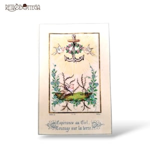 Carte religieuse vintage française Espérance au ciel courage sur la terre sur velours avec détails en nacre et tissu