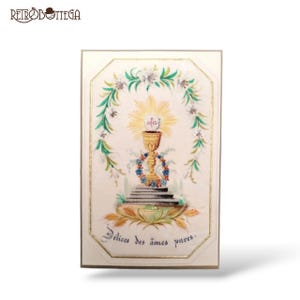 Carte religieuse vintage française Délices des Ãmes Pures peinte à la main sur velours avec détails en tissu