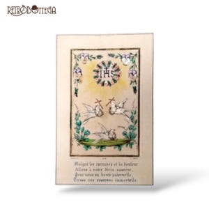Carte de prière vintage française Première Communion peinte à la main en nacre et tissu - Paris