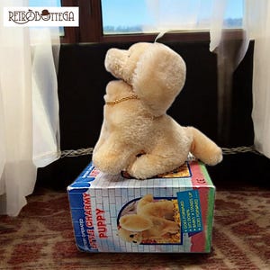 Op de afbeelding: Een beige pluche puppy speelgoed met een gouden kettinghalsband zit op een blauw-witte doos. De doos zegt "Little Charmy Puppy" en somt functies op zoals "gaat vooruit" en "gaat zitten".