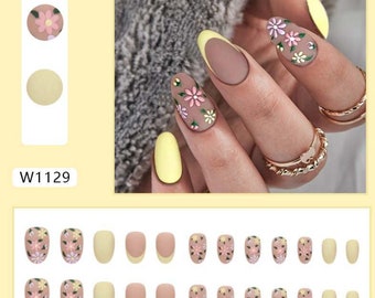 Sunny Floral Elegance: Yellow French Tip Short Almond Nails (24 pcs)