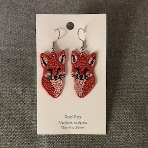 Red Fox Earrings, Embroidered Earrings, Sterling Silver Earrings