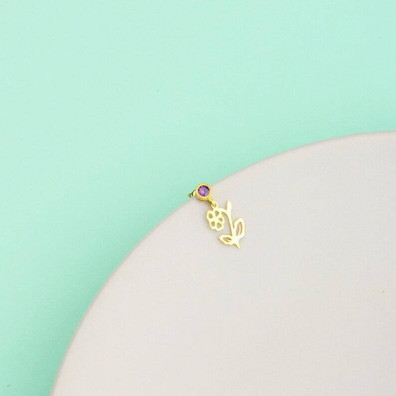 Birth Flower and Birthstone Earring ,14 K Solid Gold Birthstone Earring , Stud Earrings , Birthflower Earring with Birthstone , Gift for Mom image 5