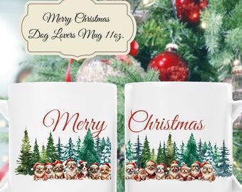 Christmas Dog Ceramic Mug, Dog Lover Gift, Dogs in Santa Hats (11oz)