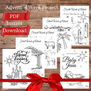 Peut inclure: Un projet de coloriage de l'Avent imprimable avec quatre pages. Chaque page présente une semaine différente de l'Avent avec une illustration en noir et blanc d'une scène de l'histoire de Noël. Les pages comprennent le texte "L'Avent commence", "Première semaine de l'Avent", "Deuxième semaine de l'Avent", "Troisième semaine de l'Avent", "Quatrième semaine de l'Avent", "Saint Joseph, Marie, Bébé Jésus", "Anges et bergers", et "Joyeux anniversaire Bébé Jésus".
