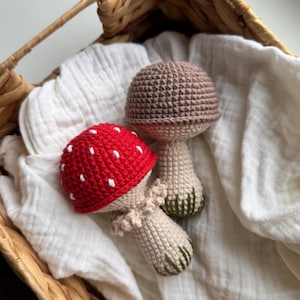 Crochet Mushroom Rattle, Soft Cotton Baby Toy, Woodland Nursery Decor