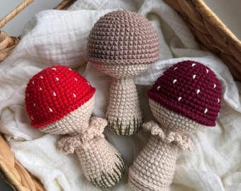 Crochet Mushroom Rattle, Soft Cotton Baby Toy, Woodland Nursery Decor