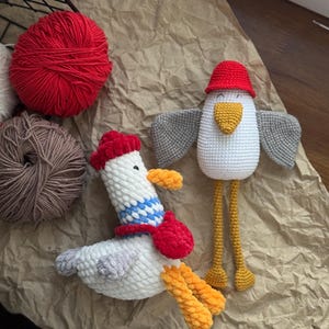 Crochet seagull, Sea Toy, A seagull in a red hat, Seagull with bag. Crochet gull