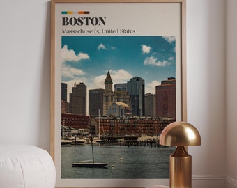 May include: A vintage-style poster with a photograph of the Boston skyline. The poster has a brown wooden frame and the text "BOSTON Massachusetts, United States" at the top.
