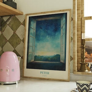 May include: A pink electric kettle with a silver handle and a silver base. The kettle is on a white countertop next to a yellow toaster and a framed print of a starry night sky with the text "PETER TIPD".
