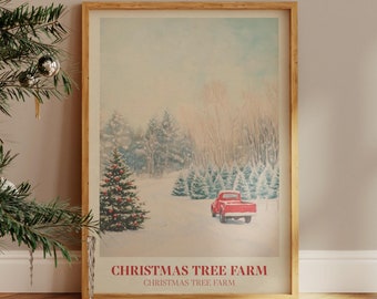 May include: A framed print of a winter scene with a red truck driving through a snowy Christmas tree farm. The print has the text "Christmas Tree Farm" at the bottom.