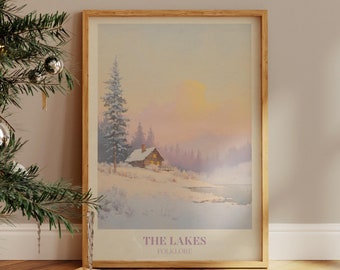 May include: A framed print of a winter scene with a small cabin in the woods. The print is titled "The Lakes" and "Folklore".