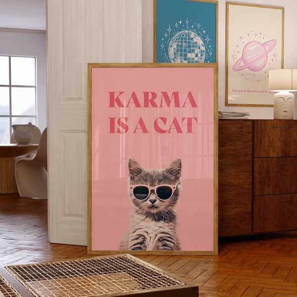 Karma Is A Cat Digital Print | Pink Print | Girly Wall Art | Preppy Wall Art | Bedroom Decor | Midnights Print | Trendy Wall Art