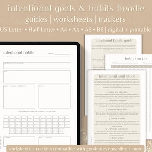 Paquete de metas intencionales y establecimiento de hábitos / Guías digitales o imprimibles + Hojas de trabajo / Carta de EE. UU., media carta, A4, A5, A6, B6 / PDF de 18 páginas