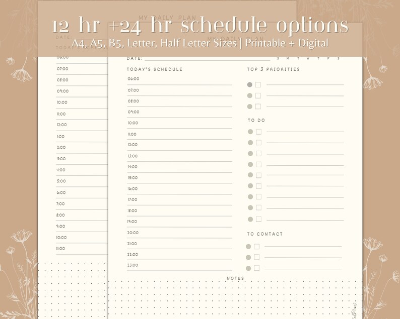 Hourly Daily Schedule Page, Day Plan in A4, A5, B5, US Letter, &amp; Half ...