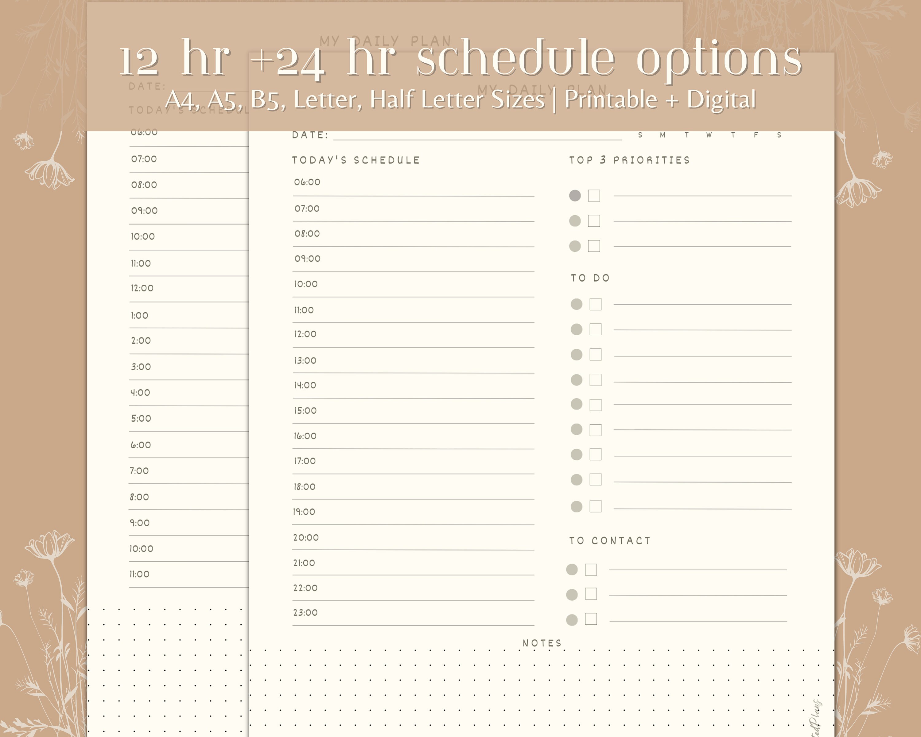 Hourly Daily Schedule Page, Day Plan in A4, A5, B5, US Letter, &amp; Half ...