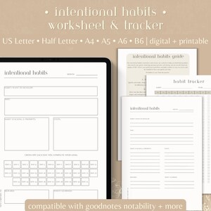 May include: A printable worksheet and tracker for developing intentional habits. The worksheet includes sections for habit planning, tracking, and progress. The tracker is a grid for marking off daily habits.