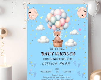 Editable Bear Baby Shower Invitation: Gender Neutral, Balloon Bear Design