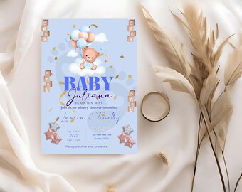 Editable Blue Bear Baby Shower Invitation: Gender Neutral Design (Digital Download)