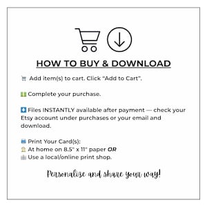 Puede incluir: Gr&aacute;fico blanco con instrucciones sobre c&oacute;mo comprar y descargar un producto digital. El texto incluye pasos como agregar art&iacute;culos al carrito, completar la compra y descargar archivos. Tambi&eacute;n menciona opciones de impresi&oacute;n.