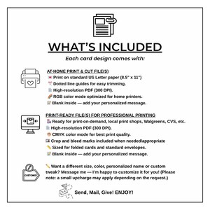 Puede incluir: Gr&aacute;fico blanco con el texto "WHAT'S INCLUDED" y una lista de caracter&iacute;sticas para dise&ntilde;os de tarjetas. Incluye archivos de impresi&oacute;n y corte en casa, archivos listos para imprimir y opciones de personalizaci&oacute;n. La imagen tambi&eacute;n incluye iconos.