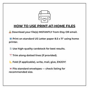 Puede incluir: Gr&aacute;fico blanco con instrucciones sobre c&oacute;mo usar archivos para imprimir en casa. El texto incluye pasos para descargar, imprimir en papel A4, usar cartulina, recortar, doblar y verificar el tama&ntilde;o del sobre.