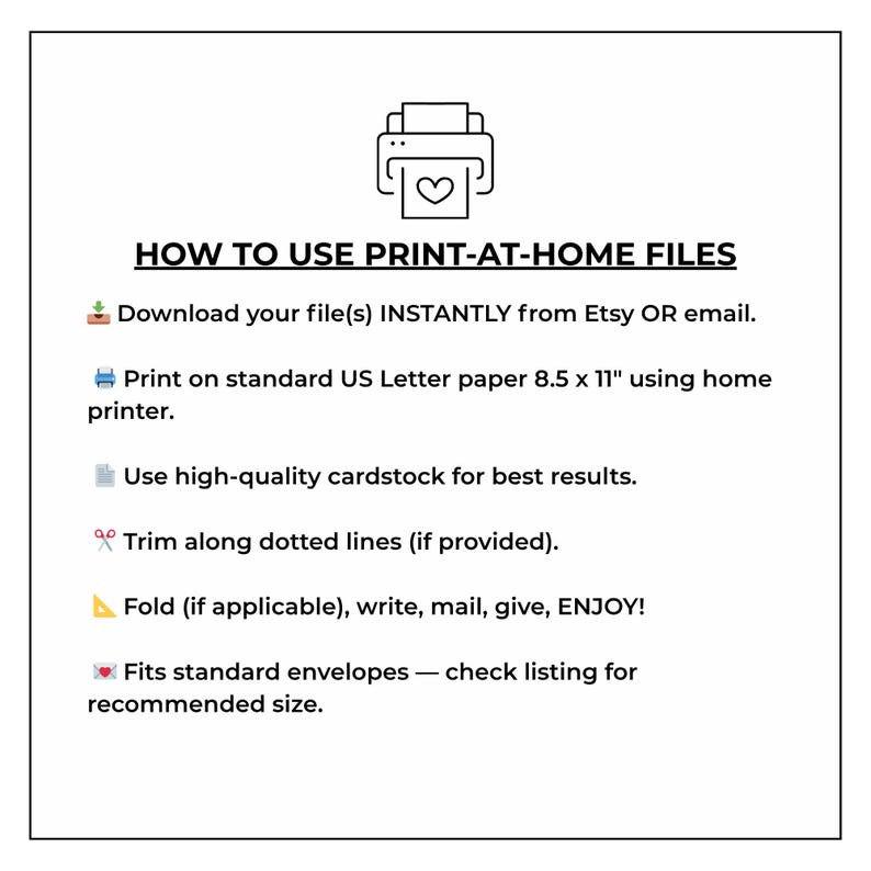 Puede incluir: Gr&aacute;fico blanco con instrucciones sobre c&oacute;mo usar archivos para imprimir en casa. El texto incluye pasos para descargar, imprimir en papel A4, usar cartulina, recortar, doblar y verificar el tama&ntilde;o del sobre.