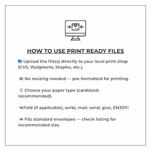Puede incluir: Gr&aacute;fico blanco con instrucciones sobre c&oacute;mo usar archivos listos para imprimir. El texto incluye pasos para subir archivos, sin redimensionamiento, selecci&oacute;n del tipo de papel, plegado y tama&ntilde;o del sobre. Un icono de monitor de computadora con una caja y una flecha est&aacute; en la parte superior.