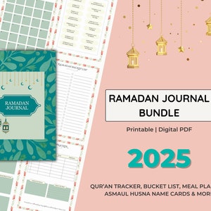 Könnte beinhalten: Ein druckbares Ramadan-Tagebuch-Paket für 2025. Das Paket enthält einen Koran-Tracker, eine Bucket-Liste, einen Essensplaner, Asmaul Husna-Namenkarten und mehr. Das Cover zeigt einen türkisfarbenen Hintergrund mit einem Blumenmuster und den Text "Ramadan Journal".