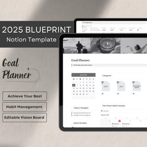 Notion Zielplaner für 2025, Life Vision Dashboard, monatlicher Habit Tracker, Produktivitätsplaner, Aufgabenliste