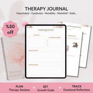 May include: A digital planner for therapy sessions, growth goals, and emotional reflections. The planner is designed for use with note-taking apps like Goodnotes, Notability, Noteshelf, and Xodo. The planner includes sections for session notes, key insights, agenda items, reflections, and a happiness list. The planner is 50% off.