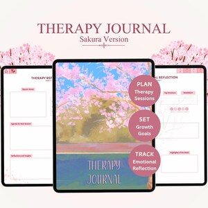 Può includere: Un planner digitale con uno sfondo di fiori di ciliegio rosa. Il planner è intitolato "Diario di terapia, versione Sakura". Il planner include sezioni per pianificare le sessioni di terapia, stabilire obiettivi di crescita e tenere traccia della riflessione emotiva.