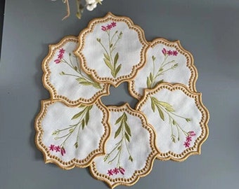 Elegant Botanical Embroidered Linen Coasters - Handcrafted Set of 6 - Perfect for Cocktails and Table Decor - 15x15cm