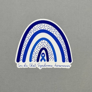 May include: Blue and white rainbow sticker with a blue ribbon in the center. The text "Cri du Chat Syndrome Awareness" is written below the rainbow.